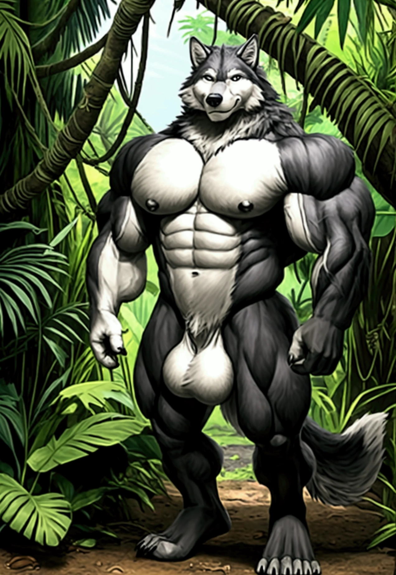 Male wolf, tall, giant body, masculine, buff body, very muscular, strong arms and legs, wide shoulder, Big pectorals, big balls, big dick, standing, cocky, smirking, showing off muscles, jungle
