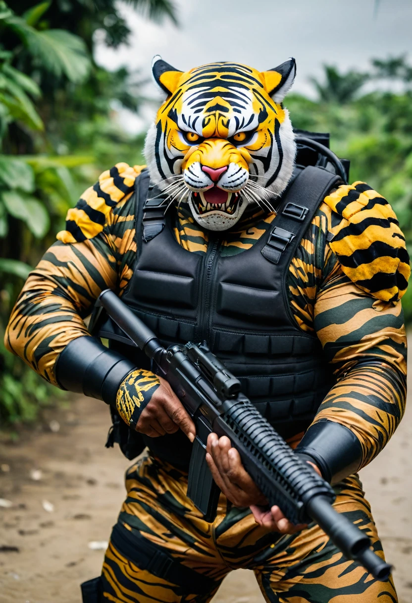 (a dark-skinned fat muscular old man in a bulky camouflage zipper diver suit) shooting with a gun and (wearing roaring siberian tiger mask that show the wearer eyes), muscular, Basuki Abdullah, sumatraism, action, a character portrait, heroic, fierce, snarling, raising fist
