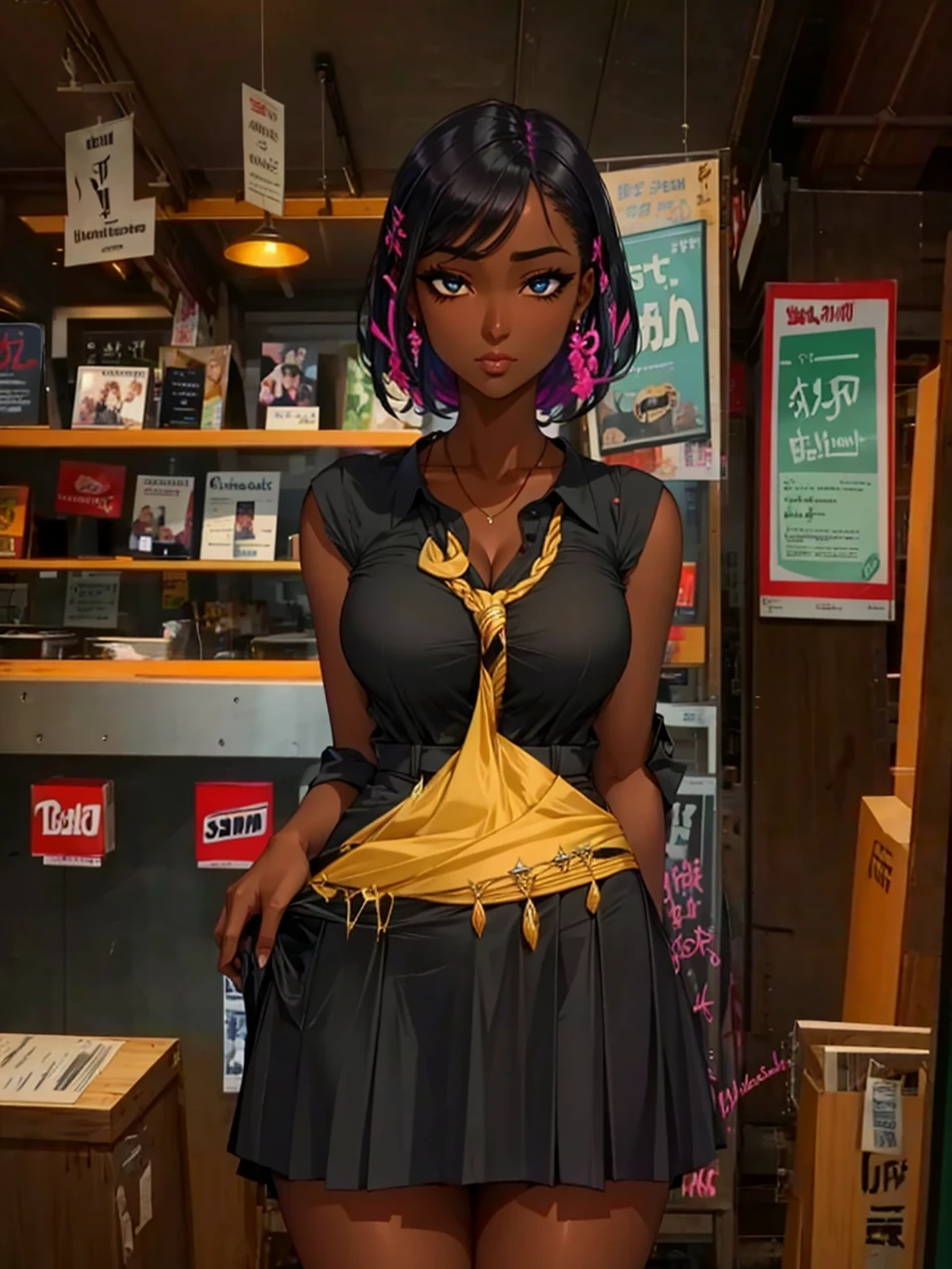 skirt, cloth bulge, 1girl, futanari, dark_skin, black_hair, large_breasts, dress_shirt,, beautiful, (masterpiece:1.2), (best quality:1.2), perfect eyes, perfect face,