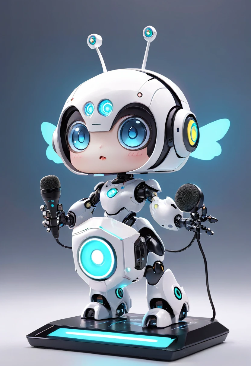 ((Board game themed robot)), 3D Rendering, Jongsuk Lee, Digital Art, Adorable glowing creatures, Nendoroid-like style, Futuristic Gear Shiny White Armor、A cute girl robot、Big eyes、antenna、Electronic display panel on chest、Holding the microphone close to his mouth while speaking、((whole body、Background is white))、Are standing