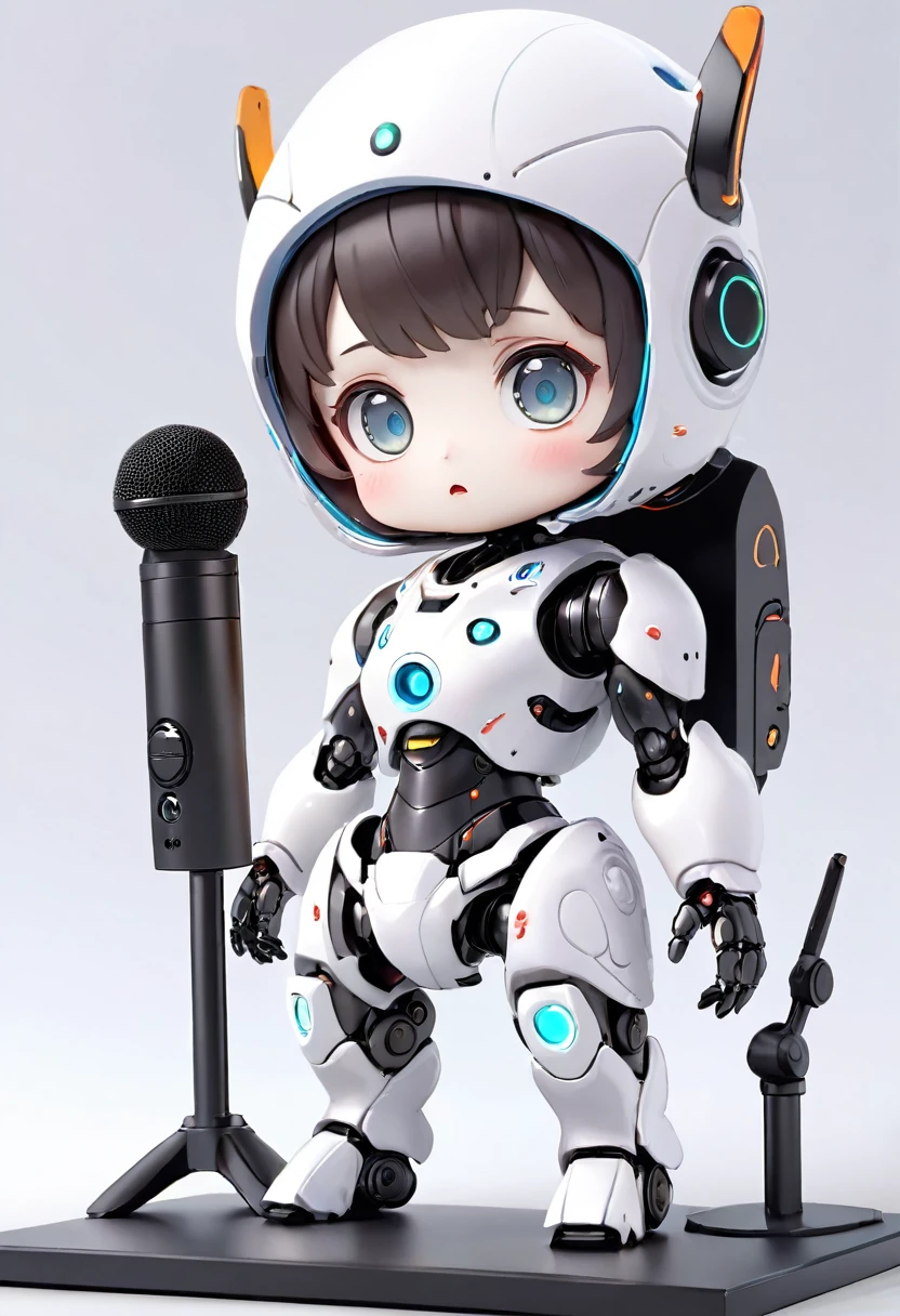 ((Board game themed robot)), 3D Rendering, Jongsuk Lee, Digital Art, Adorable glowing creatures, Nendoroid-like style, Futuristic Gear Shiny White Armor、A cute girl robot、Big eyes、antenna、Electronic display panel on chest、Holding the microphone close to his mouth while speaking、((whole body、Background is white))、Are standing