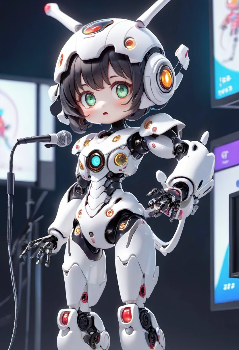 ((Board game themed robot)), 3D Rendering, Jongsuk Lee, Digital Art, Adorable glowing creatures, Nendoroid-like style, Futuristic Gear Shiny White Armor、A cute girl robot、Big eyes、antenna、Electronic display panel on chest、Holding the microphone close to his mouth while speaking、((whole body、Background is white))、Are standing