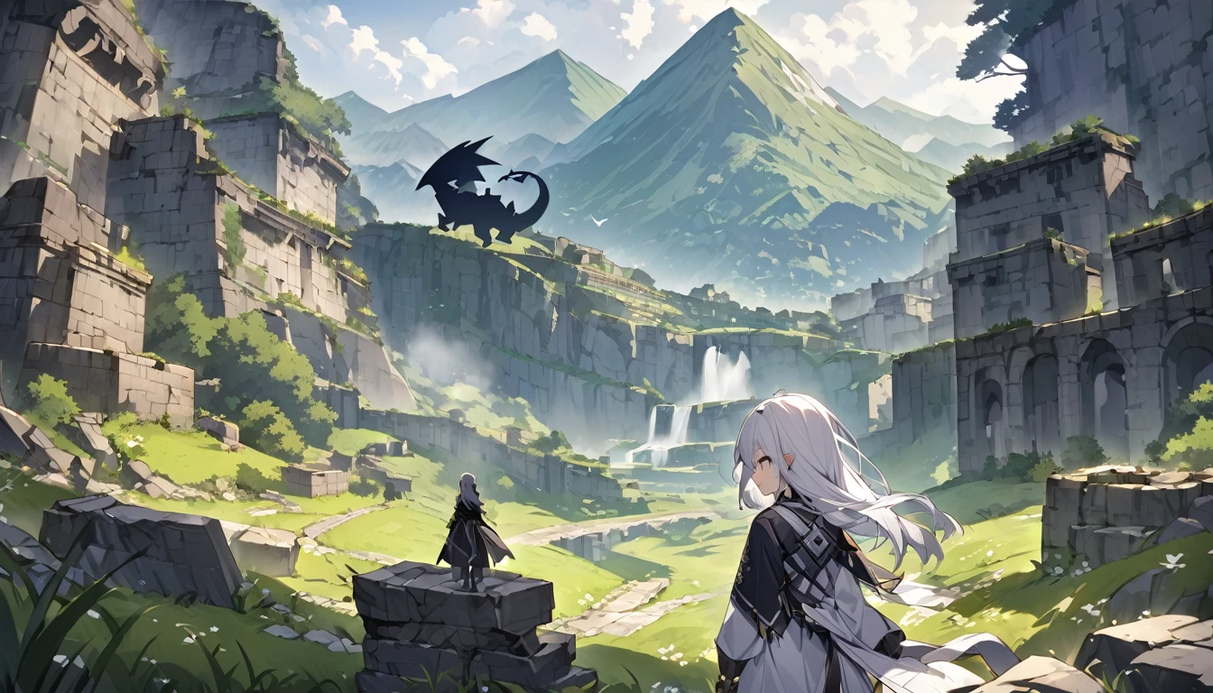 mysterious。White Hair Girl。Detailed Background。White Hair Girlが巨大なドラゴンと対峙しているシーン。A dragon silhouette appears behind her.、Very impressive。Mountains and ancient ruins in the background。