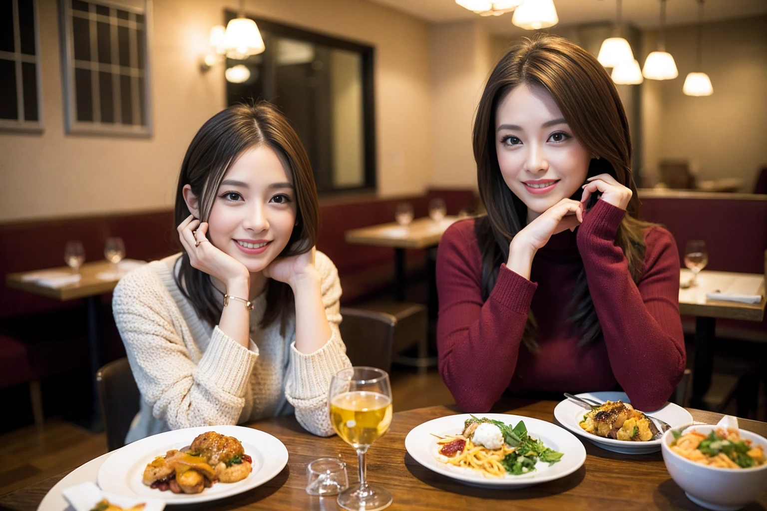 （Realistic:1.1）,(masterpiece,Highest quality)，8k,((Two Women)), (36 years old), 42 years old, slimカップル、modelカップル、actress男優、Tight waist,Upper Body,full-course dinner、wine 、Amazing view of the sunset sky and clouds、Perfect Anatomy, Brown Hair, Short Hair,Random Hairstyles,((Highly detailed face and eyes:1.2))(cute顔:1.4)，美しいactressの顔，Perfect golden ratio face，Long sleeve shirt、dress,(smile:1.2)、Shortcuts、cute、(Realistic, Intricate details:1.2), A bright smile、short hair,Bright Face、赤wine 、Appetizers、Italian food、wine bottle、Champagne、スパークリングwine、Brown Hair、Shortcuts、(slimな顔), (The body is slim), (Brown Hair), (Shortcuts), cheeks turn a little red,restaurant, In a prominent place (From the waist up) Nova Frog Style, actress, model, Upper Body, 白wine, slim, wineグラス, 