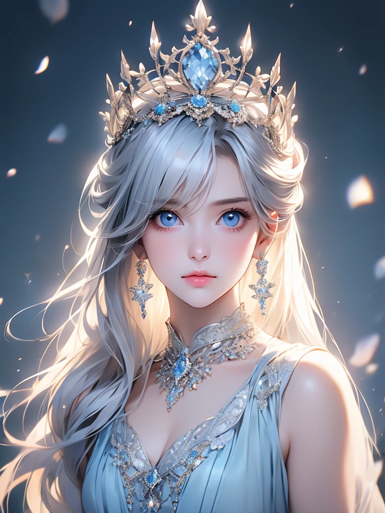 (close:1.4)、(RAW shooting:1.2)、(realistic:1.4)、(masterpiece:1.3)、(highest quality:1.4)、bright look、very beautiful girl、extraordinary beautiful girl、cute and beautiful face details、beautiful bangs、Brilliant white skin、facial hair、Bangs that extend to the face、bangs between eyes、super long hair、Charming light and dark platinum blonde super long straight silky hair、thin hair、Charming and shining beautiful bright and clear light blue big eyes、luxurious dress、tiara、double eyelid、rich bust、Upper body