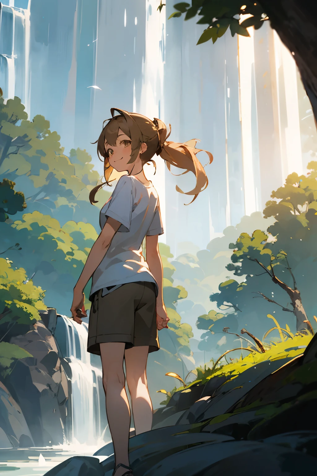 photo, masterpiece, best quality, wallpaper, 1girl, forest, mountainous, waterfall background, back to front lightning, long light brown-yellow-ish ponytail hairstyle, short pants, white t-shirt, sandal, centered in main character, extra finger removed, anime style, wide background, smiling with eyes closed, cute girl,