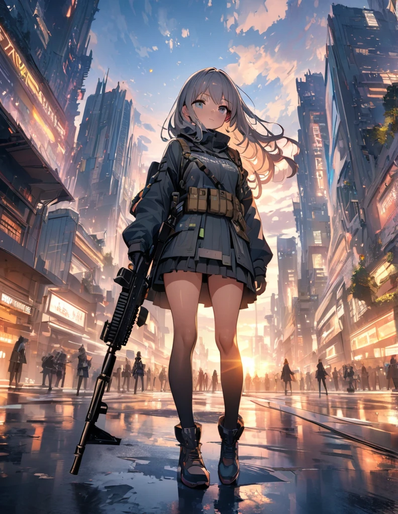 (anime)、(masterpiece:1.2),Atmospheric perspective,Lens flare、Ultra-wide background focused on the girl、Future City、girl standing on the roof、cute、Another World M4 Carbine，Possession of a gun