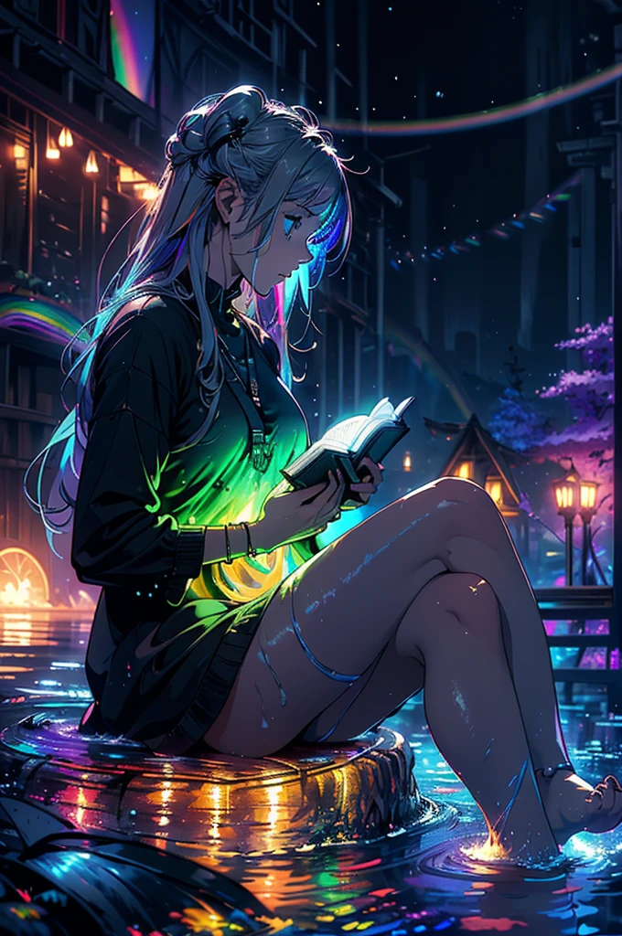 Girl in Profile, Sitting, Crossing your legs, Gray Hair, Long sideburns, Gray Hair, bluish eyes, (((Bare feet in water, Reading a book with black pages, Glowing letters coming out of a book))), Neon flowers and fireflies glowing in the black forest and darkness, {Highly detailed 16K CG unit wallpaper}, Vast landscape photography, (A low-key perspective that focuses on characters and settings), (Wide field view), ( Low angle photo), (highlight: 1.2), (Low Light: 1.7), (Warm light source: 1.2), Intricate details, (Rainbow colors: 1.5), (Bright lighting), (Atmospheric lighting)