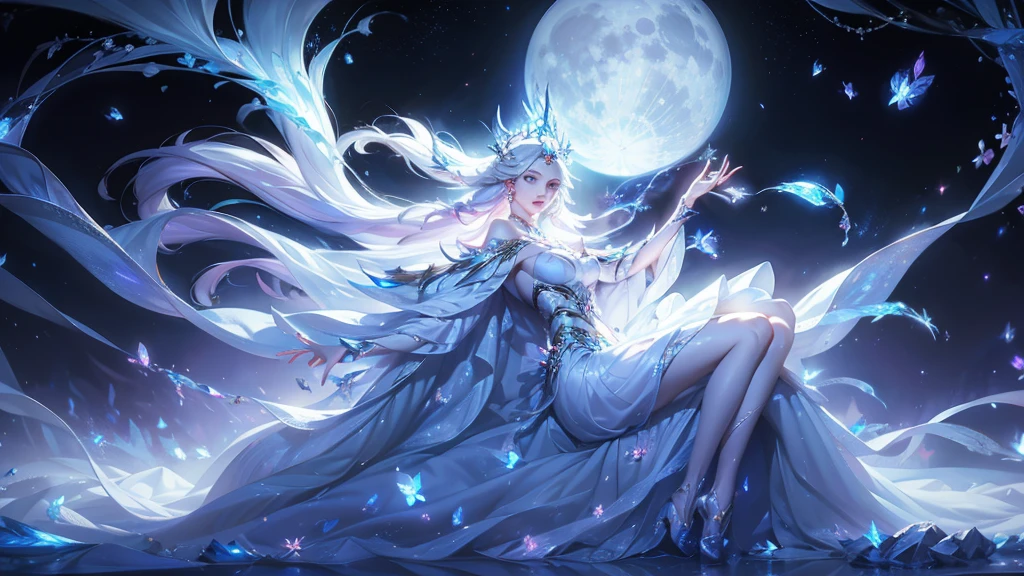 Goddess of the moon, full body scale, beautiful pale white woman, sad expression, with white long hair, white long luxury and angelic night dress that glitters and shimmers like the stars, has white majestic glowing wings, beautiful ice blue eyes, long lashes, pale pink lips, white nails, and glass shoes. The background is a black space with galaxies and nebulas in the distance. and a big. big glowing pale moon behind the goddess