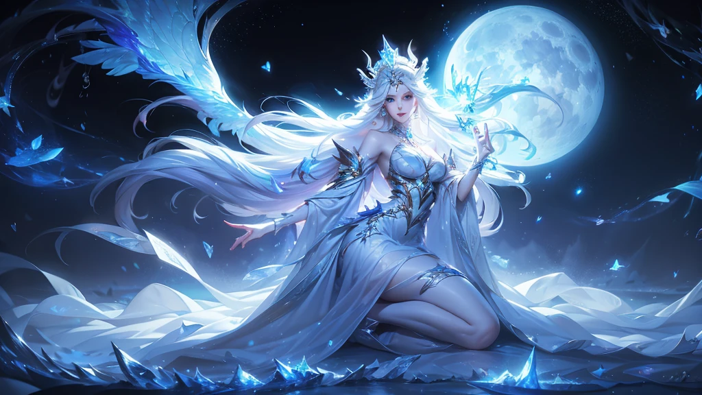 Goddess of the moon, full body scale, beautiful pale white woman, sad expression, with white long hair, white long luxury and angelic night dress that glitters and shimmers like the stars, has white majestic glowing wings, beautiful ice blue eyes, long lashes, pale pink lips, white nails, and glass shoes. The background is a black space with galaxies and nebulas in the distance. and a big. big glowing pale moon behind the goddess