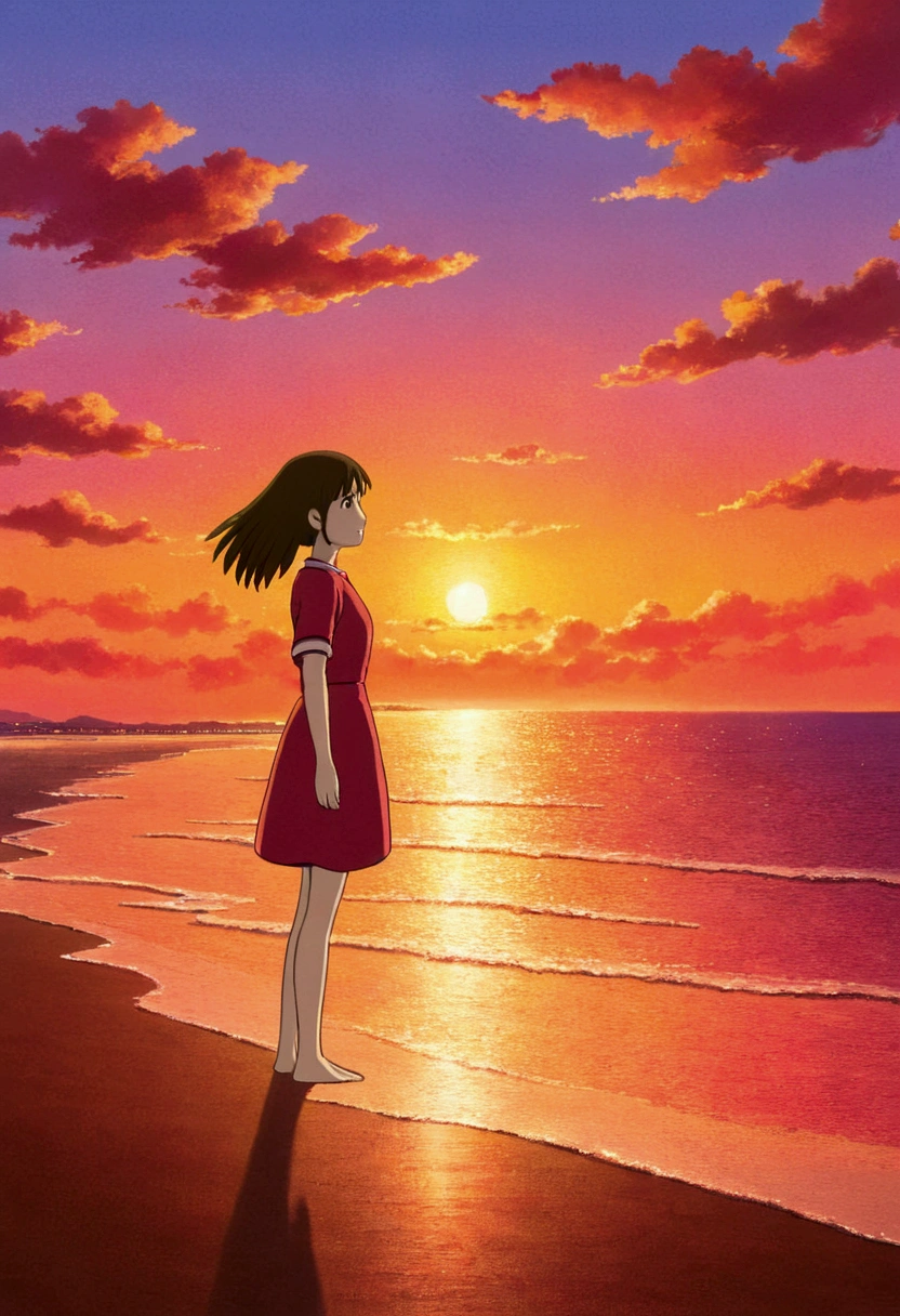 Ghibli Sunset on the beach girl horizontal line