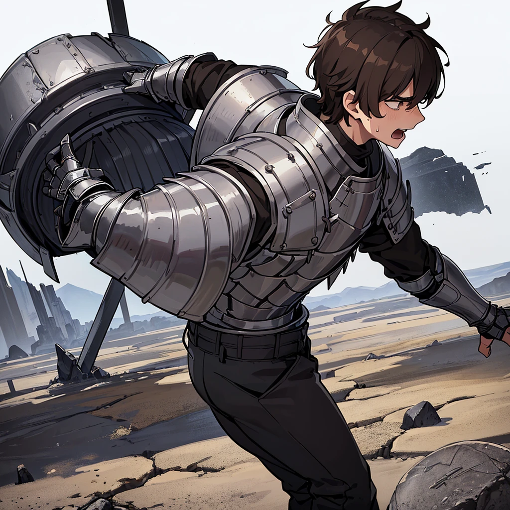 Best illustrations、Best Quality、(((Simple grey armor、Black trousers、Black gloveedium Hair、Brown Hair、Plate Armor、20 year old man)))、(((Fighting Pose)))、(Old ruins、desert。Grass)、Fall to the floor、(Black, muddy swamp)、(中世の騎士が10 people)、(Close your eyes、get annoyed、Open your mouth、Get angry、Sweat)、(lots of medieval knights、10 people)、battlefield、(back view)、(White background)