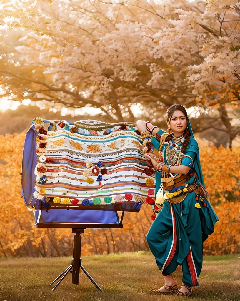 Ultra 8k, araffe woman standing in a field with a blanket on a tripod, wearing an elegant tribal outfit, traditional photography, traditional costume, traditional dress, she dressed in shaman clothes, traditional beauty, indian style, captured on canon eos r 6, shot on nikon z9, a young female shaman, traditional clothes, wearing traditional garb, india
