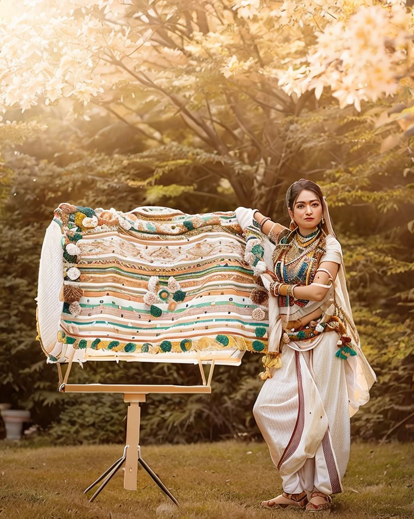 Ultra 8k, araffe woman standing in a field with a blanket on a tripod, wearing an elegant tribal outfit, traditional photography, traditional costume, traditional dress, she  dressed in shaman clothes, traditional beauty, indian style, captured on canon eos r 6, shot on nikon z9, a young female shaman, traditional clothes, wearing traditional garb, india