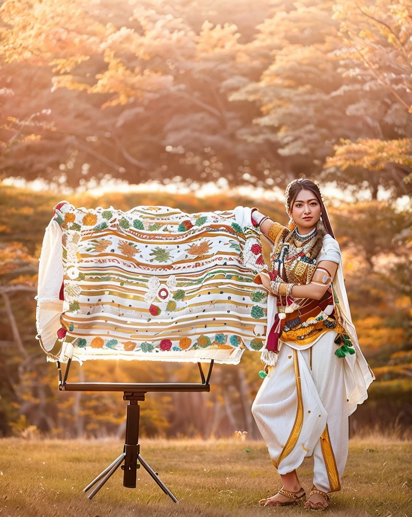 Ultra 8k, araffe woman standing in a field with a blanket on a tripod, wearing an elegant tribal outfit, traditional photography, traditional costume, traditional dress, she dressed in shaman clothes, traditional beauty, indian style, captured on canon eos r 6, shot on nikon z9, a young female shaman, traditional clothes, wearing traditional , india