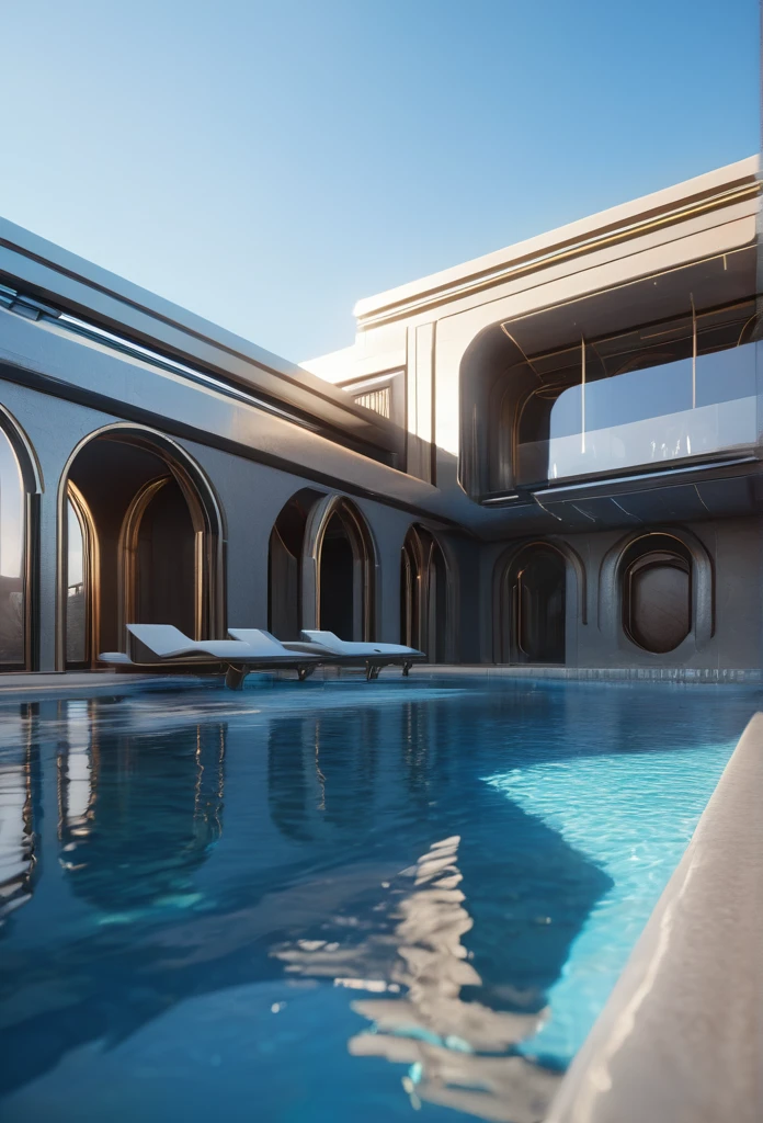 a close up of a picture of a pool with a building in the background, in a futuristic desert palace, a pool inside the giant palace, detailed unreal engine 5 render, unreal engine 5 render 16k, unreal engine 5 8 k rendering, unreal engine 5 highly rendered, rendered unreal engine 5, summer unreal engine 5, unreal engine 5 render dramatic