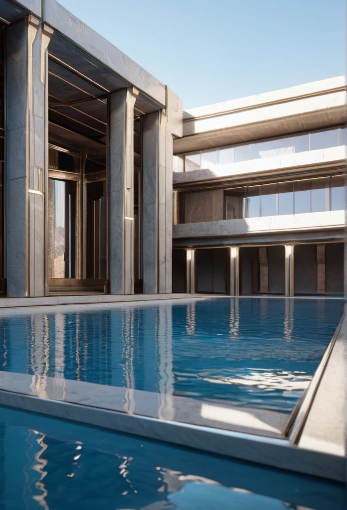 a close up of a picture of a pool with a building in the background, in a futuristic desert palace, a pool inside the giant palace, detailed unreal engine 5 render, unreal engine 5 render 16k, unreal engine 5 8 k rendering, unreal engine 5 highly rendered, rendered unreal engine 5, summer unreal engine 5, unreal engine 5 render dramatic