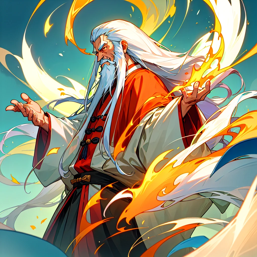 Jiang Ziya character, CG characters, A wise man, The face is thin, Long white hair and white beard, Eyebrows are thick, The eyes are deep and intelligent, He often wore the robes of ancient Taoist priests, The whole gives people a sense of fairy wind and bones, wisdom and calmness