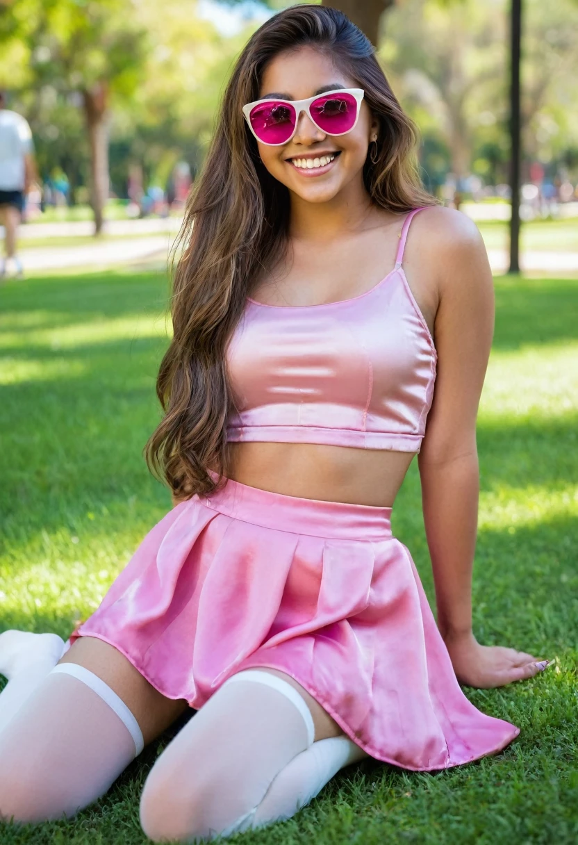 beautiful latina female , beautiful face, athletic body, long hair, smiling, wearing pink silk crop top, wearing pink silk skirt, wearing pink sunglasses, wearing white stockings, sitting, in a busy park