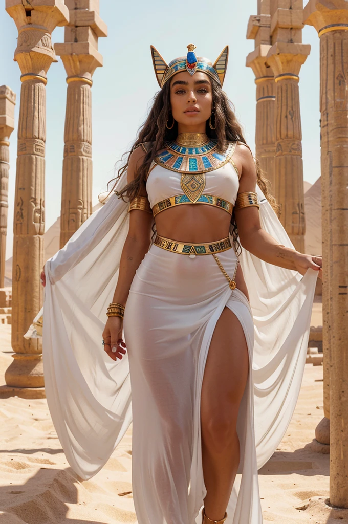 Sommer Ray, ((Egyptian Goddess))) best quality, ultra-high resolution, 4K detailed CG, master piece,oisiris,god. Egyptian mythology, white Egyptian clothing, full length dress, desert, aesthetics, Beautiful image, centered on the screen, oasis in the background, full body lenght, long dress.