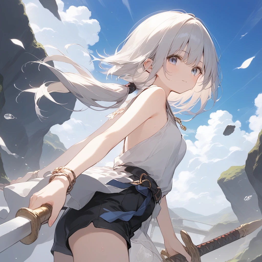 score_9, score_8_up, score_7_up, source_anime, best quality, masterpiece, official art, absurdres, highres, ultra-detailed,waifu2x,Collection: Slice of Life,break,1girl, knight, pale-skinned female, short hair, low ponytail, small breasts, beautiful detailed eyes, short shorts, sweat, closed mouth, clear face, battoujutsu stance,weapon, outdoors, wind,break,(clear line illustration:1.2), super detailed skin,very high resolution, very aesthetic, Best sexual lighting powered by famous artist, 8k,cute picture,beauty illustration,photoshop_(medium),,(Detailed Lighting),best anime 8k konachan wallpaper, pixiv contest winner,