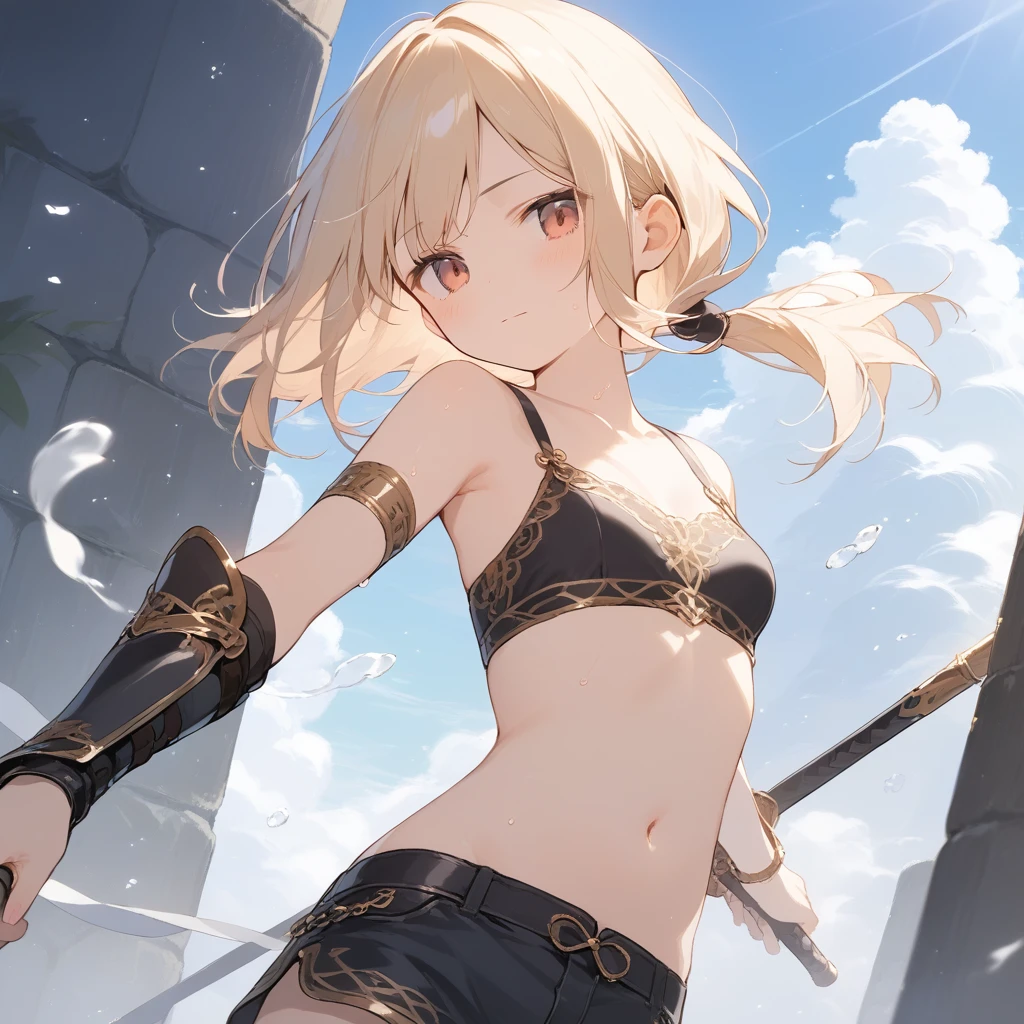 score_9, score_8_up, score_7_up, source_anime, best quality, masterpiece, official art, absurdres, highres, ultra-detailed,waifu2x,Collection: Slice of Life,break,1girl, knight, pale-skinned female, short hair, low ponytail, small breasts, beautiful detailed eyes, short shorts, sweat, closed mouth, clear face, battoujutsu stance,weapon, outdoors, wind,break,(clear line illustration:1.2), super detailed skin,very high resolution, very aesthetic, Best sexual lighting powered by famous artist, 8k,cute picture,beauty illustration,photoshop_(medium),,(Detailed Lighting),best anime 8k konachan wallpaper, pixiv contest winner,