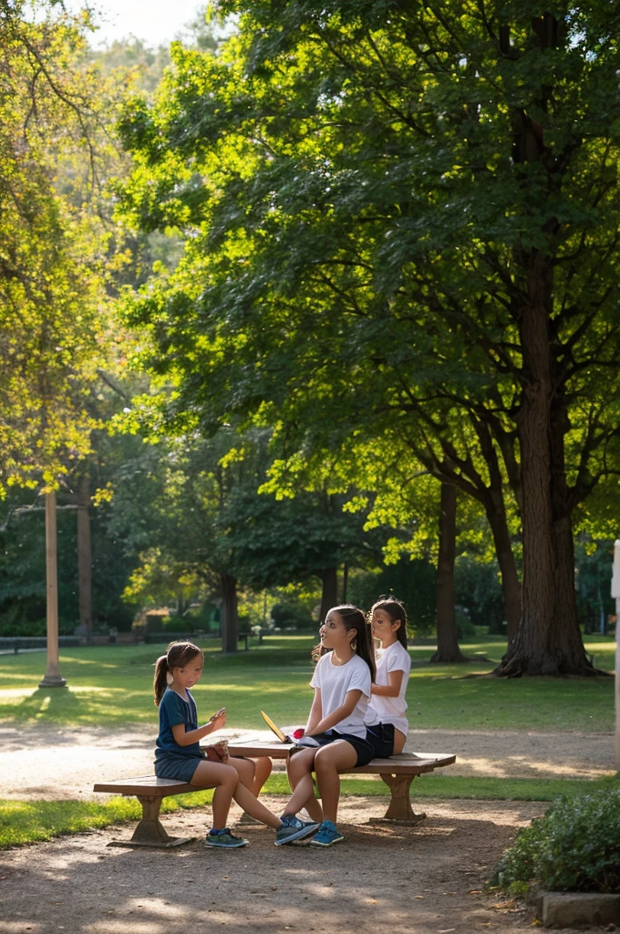 Create a highly realistic scene set in a picturesque park in Italy, with a 13-year-old Italian teenager explaining a lesson to four younger girls.

 The 13-year-old girl stands confidently next to a wooden bench in the park, wearing a stylish outfit: a T-shirt tied at the waist showing her midriff and colorful shorts. She has shoulder-length brown hair tied in a ponytail and her expression is focused and engaging as she gestures with her hands, explaining the lesson.
 Sitting on the bench are four younger girls, aged between 7 and 9, who listen attentively to the older one. They wear casual summer clothes, with colorful T-shirts and shorts, and their expressions range from curious to excited. Some have notebooks or small tablets on their laps, taking notes or following the lesson.
 The park setting is lush and inviting, with tall trees providing shade and a backdrop of well-tended gardens and walking paths. The sun filters through the leaves, casting a dappled light on the scene, and a light breeze rustles the leaves, helping to create a serene atmosphere.
 In the background, other park visitors can be seen walking, jogging or sitting on other benches, enjoying the good weather. A nearby fountain adds the soft, soothing sound of flowing water to the ambience.

This scene captures the essence of a peaceful, educational moment in a beautiful Italian park, with the teenager confidently leading the lesson and the younger girls participating enthusiastically. The detailed environment and engaging interaction between the girls create a realistic and heartwarming image, highlighting the joy of learning in a serene outdoor environment