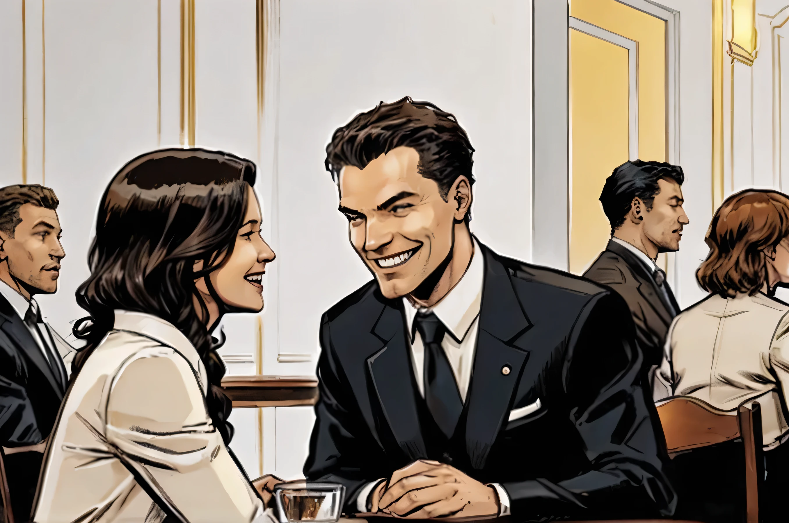 full length people, люди заходят в a restaurant, worth it to the hostess, meets the owner, smile, Entry group, people sitting at the table, formal suit, staff, a restaurant, public place, White background,Marvel Comics Style, comics