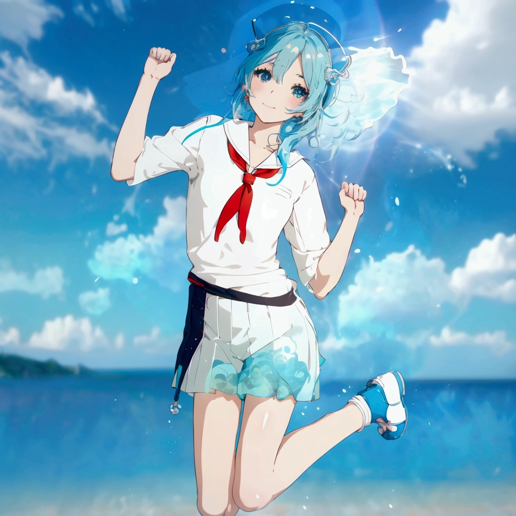 Anime girl with blue hair, white shirt and blue shoes, Jellyfish Shrine Maiden 8k, rei hiroe, Inspired by Rei Kamoi, Mikudayo, Anime girl running, Anime-style 3D, Pause(Raise the hand + Happy), 3d anime girl, Anime girl walking on water, render of a cute 3d anime girl, Anime-style characters