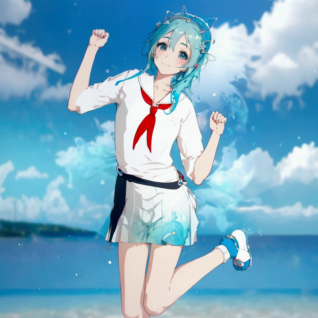 Anime girl with blue hair, white shirt and blue shoes, Jellyfish Shrine Maiden 8k, rei hiroe, Inspired by Rei Kamoi, Mikudayo, Anime girl running, Anime-style 3D, Pause(Raise the hand + Happy), 3d anime girl, Anime girl walking on water, render of a cute 3d anime girl, Anime-style characters