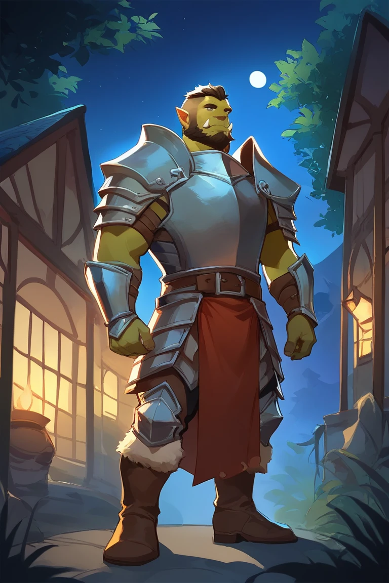 score_9, score_8_up, score_7_up, solo, male focus, mature male, orc, green skin, tusks, beard, outdoors, armor , shoulder armor, breastplate, upper body, closed mouth, pauldrons, night, night sky, standing , boots , , full body , backside , back side , low-angle