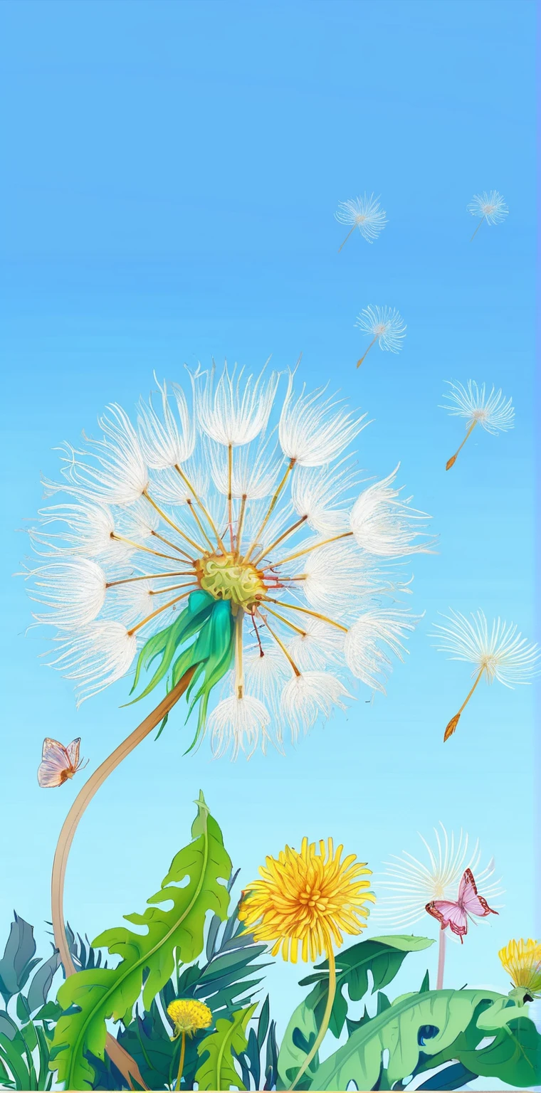 Dandelion,There are butterflies flying beside,There are small flowers and weeds growing underneath,White background