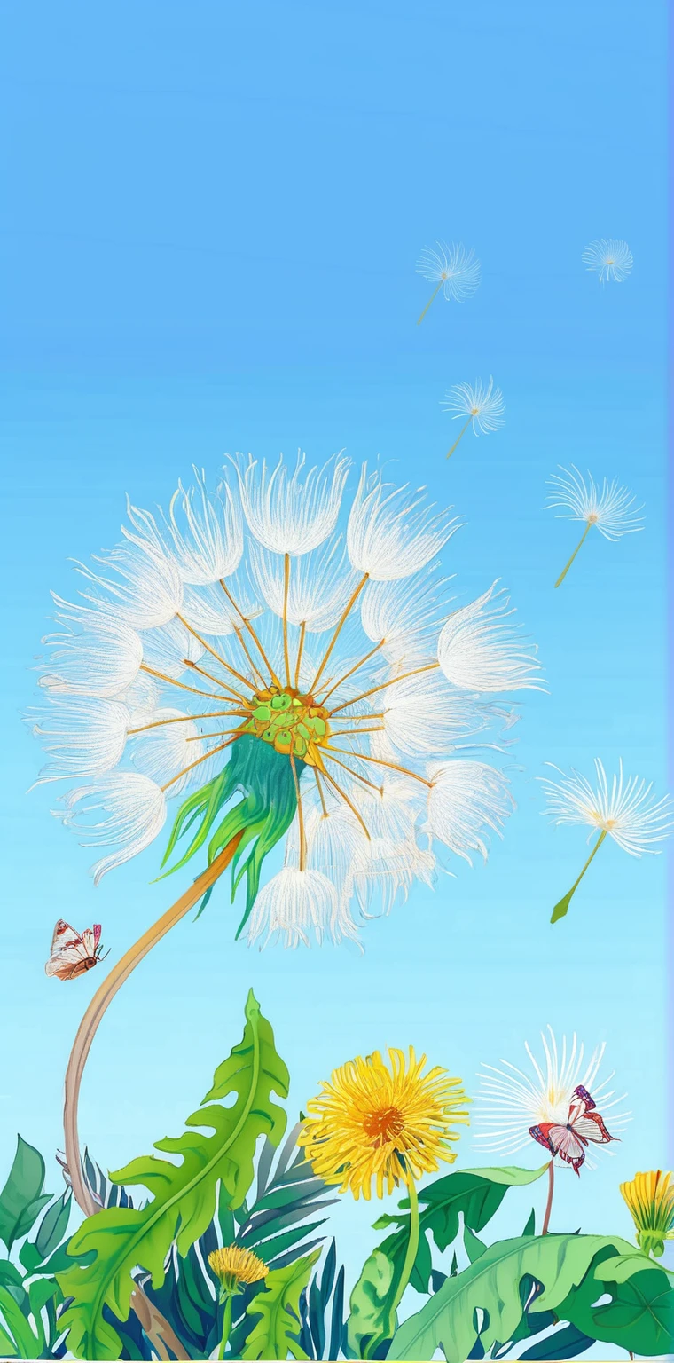 Dandelion,There are butterflies flying beside,There are small flowers and weeds growing underneath,White background