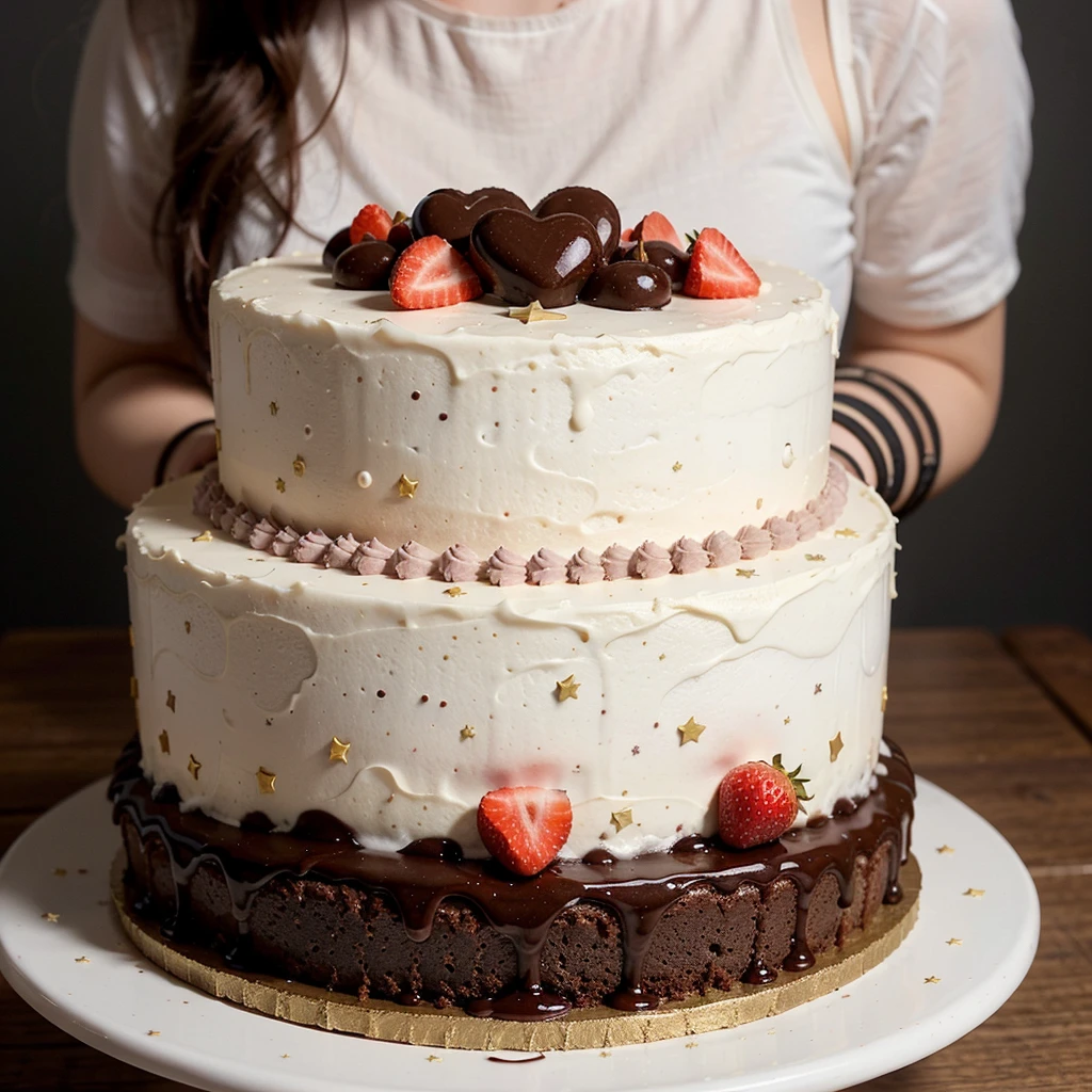 "Create an image of a 3-tier cake with the following specifications: The bottom tier should be chocolate brown, decorated with gold stars only, without any butterflies or hearts. The middle tier should be strawberry pink, decorated with white butterflies only, without any stars or hearts. The top tier should be milk white, decorated with pink hearts only, without any stars or butterflies, and topped with a tiny black graduation cap. Ensure the design is clean, neat, and elegant."