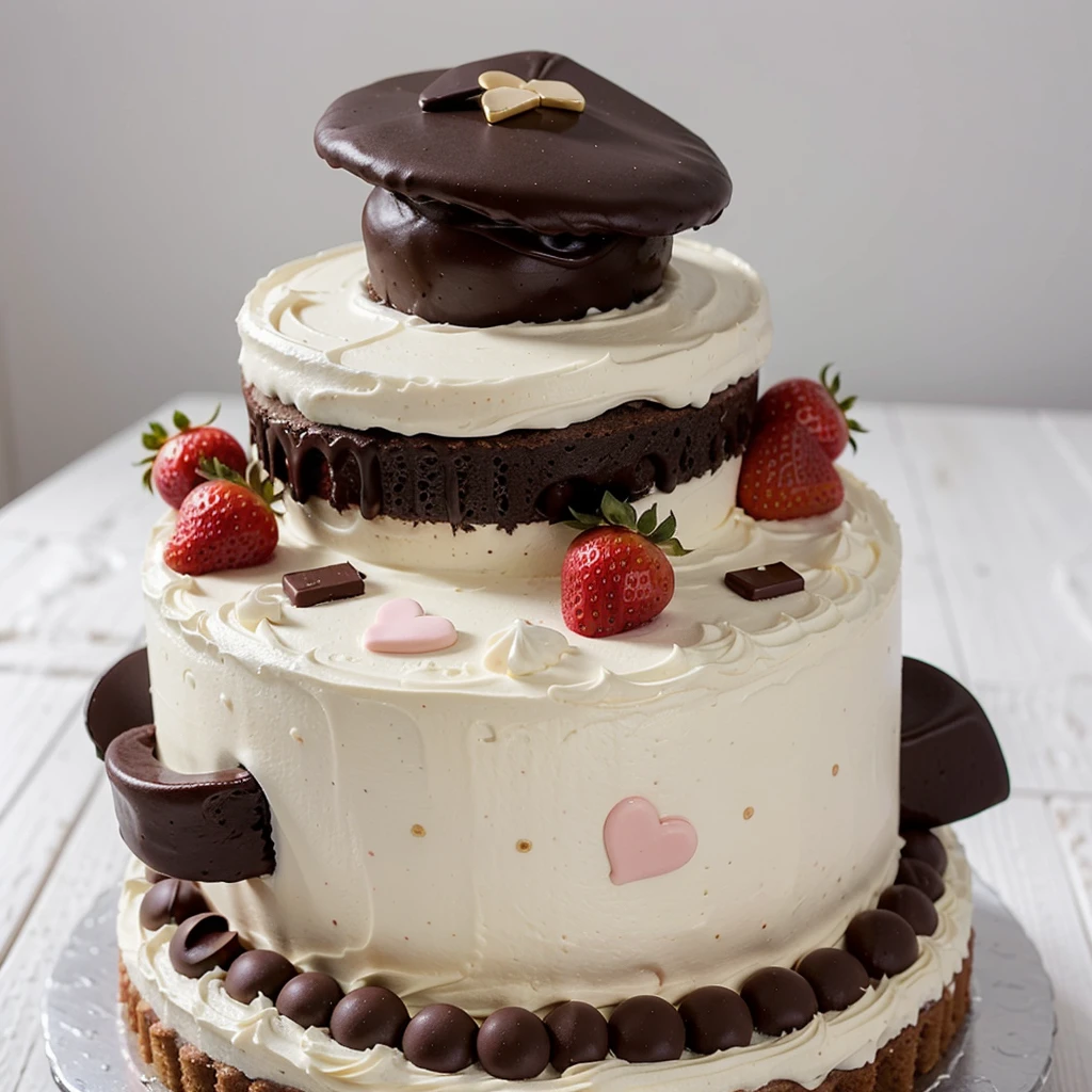 "Create an image of a 3-tier cake with the following specifications: The bottom tier should be chocolate brown, decorated with gold stars only, without any butterflies or hearts. The middle tier should be strawberry pink, decorated with white butterflies only, without any stars or hearts. The top tier should be milk white, decorated with pink hearts only, without any stars or butterflies, and topped with a tiny black graduation cap. Ensure the design is clean, neat, and elegant."