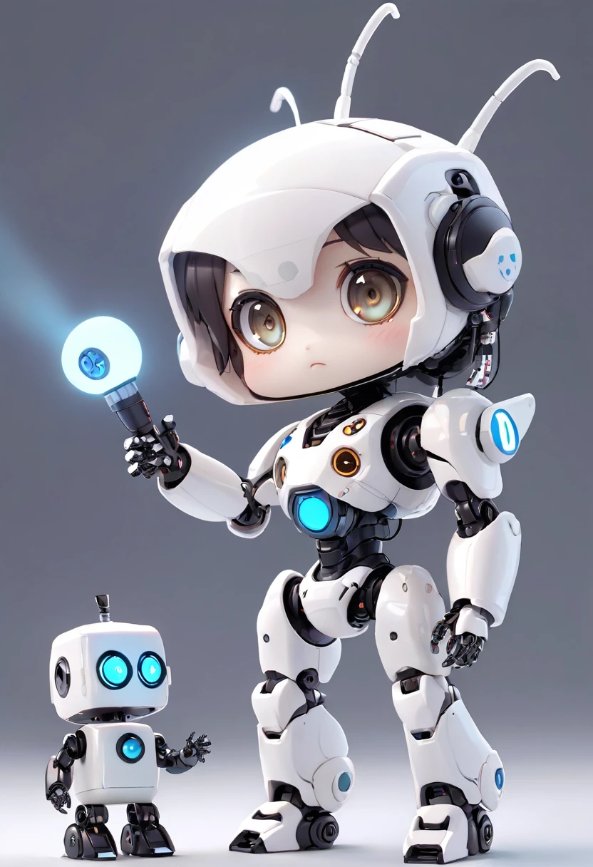 (((Dice-themed robot))), 3D Rendering, Jongsuk Lee, Digital Art, Adorable glowing creatures, Nendoroid-like style, Futuristic Gear Shiny White Armor、A cute girl robot、Big eyes、antenna、Electronic display panel on chest、Holding the microphone close to his mouth while speaking、((whole body、Background is white))、Are standing