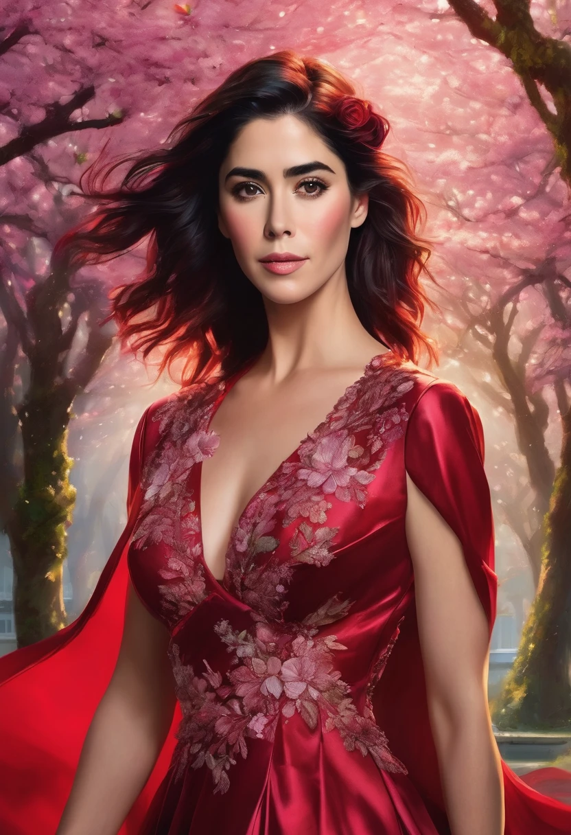 Description: Immerse yourself in a world of vibrant beauty with this stunning, ultra-detailed 4D 8K HD image that captures the essence of Sarah Silverman in her element, her red hair flying in the wind. . Imagine her gracefully strolling through a park adorned with a stunning array of cherry blossoms., roses and vibrant foliage, Every petal and leaf depicted in vivid detail.
Sarah exudes youthful elegance as she wears a fashionable red dress made from bright, vibrant fabrics that flow effortlessly around her.. The dress itself becomes a canvas for the natural world, seamlessly merging with the lush surroundings to create a harmonious fusion of fashion and nature.
As Sarah walks through the picturesque garden, a soft breeze dances in the air, making the delicate rose petals sway to the rhythm of her elegant steps. The scene is bathed in the warm glow of a 1028k HDR display, bringing every shade and texture to life with unparalleled clarity and vibrancy., photo