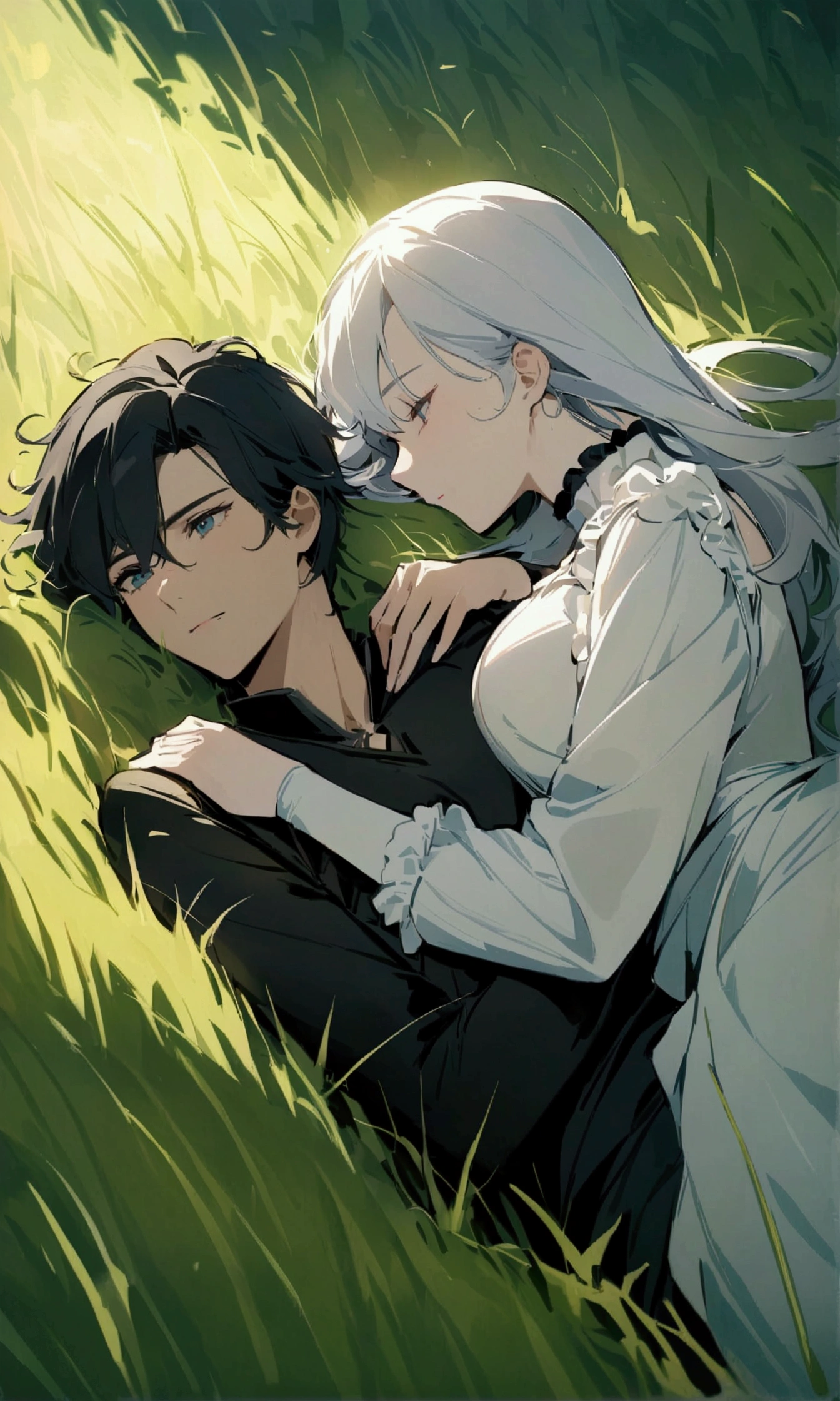 best quality, masterpiece, extremely detailed, detailed background, duchess with silver hair, duke with black hair. Grass field, duchess laying in the arm of duke on a grass field