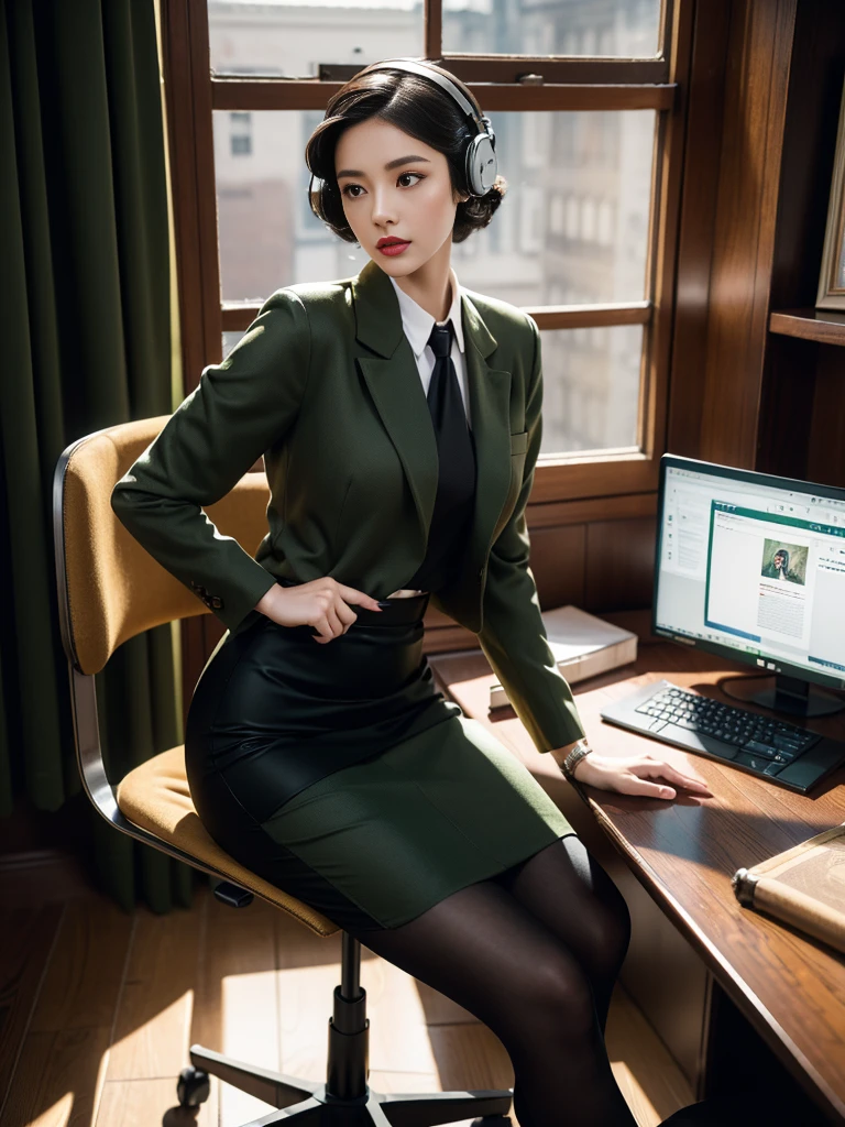 (full body),In the office, a Chinese beauty wearing a uniform, with perfect facial features, hot ass giri, lipstick, red lips, (Retro finger waves),finger waves,Deep olive green tight fitting wool jacket, a brown-green shirt,wearing (Black uniform tie),Deep Olive Green Wool Pencil Skirt, (Black high heeled knee high boots), full body, Wearing headphones on the head,Sitting in front of a computer and working, sitting in an office chair ,(Her boyfriend is standing across from her,) a girl, a boy, full body , office, night, bright lighting, Best quality, masterpiece, ultra highs, (photosensitive: 1.4), 8k portal of beautiful, integrated, elegantly, highly detailed, Majestic, art by artwork and run jia and greg rutkowski, (masterpiece, sidelighting, finely detailed beautiful eyes: 1.2), HDR, Detailed background,dressed in 1940s style clothing,Wear black headphones