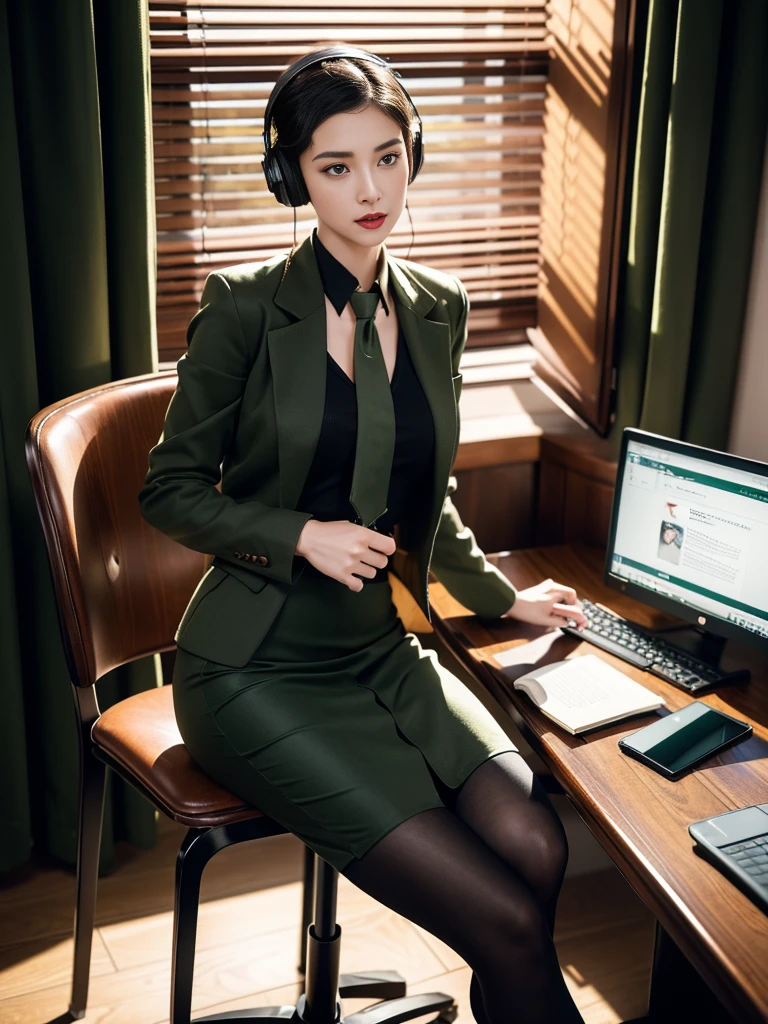 (full body),In the office, a Chinese beauty wearing a uniform, with perfect facial features, hot ass giri, lipstick, red lips, (Retro finger waves),finger waves,Deep olive green tight fitting wool jacket, a brown-green shirt,wearing (Black uniform tie),Deep Olive Green Wool Pencil Skirt, （Black high heeled knee high boots）,  full body, Wearing headphones on the head，Sitting in front of a computer and working, sitting in an office chair ,(Her boyfriend is standing across from her,) a girl, a boy, full body , office, night, bright lighting, Best quality, masterpiece, ultra highs, (photosensitive: 1.4), 8k portal of beautiful, integrated, elegantly, highly detailed, Majestic, art by artwork and run jia and greg rutkowski, (masterpiece, sidelighting, finely detailed beautiful eyes: 1.2), HDR, Detailed background,dressed in 1940s style clothing,Wear black headphones