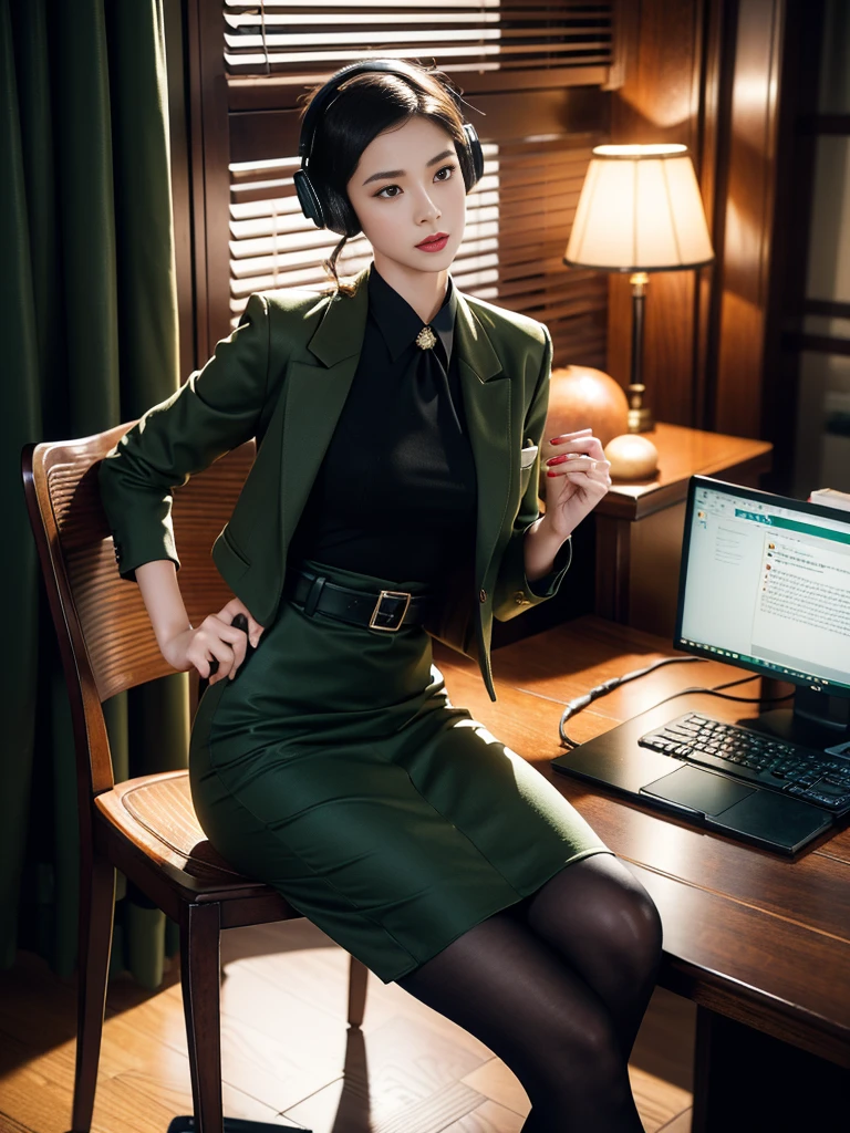 (full body),In the office, a Chinese beauty wearing a uniform, with perfect facial features, hot ass giri, lipstick, red lips, (Retro finger waves),finger waves,Deep olive green tight fitting wool jacket, a brown-green shirt,wearing (Black uniform tie),Deep Olive Green Wool Pencil Skirt, (Black high heeled knee high boots), full body, Wearing headphones on the head,Sitting in front of a computer and working, sitting in an office chair ,(Her boyfriend is standing across from her,) a girl, a boy, full body , office, night, bright lighting, Best quality, masterpiece, ultra highs, (photosensitive: 1.4), 8k portal of beautiful, integrated, elegantly, highly detailed, Majestic, art by artwork and run jia and greg rutkowski, (masterpiece, sidelighting, finely detailed beautiful eyes: 1.2), HDR, Detailed background,dressed in 1940s style clothing,Wear black headphones