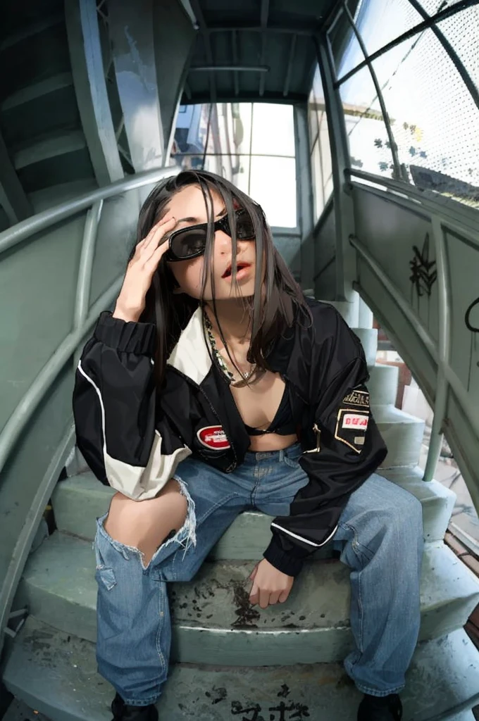 arafed girl with black hair wearing streetwear sitting on stairs, fisheye perspective, bokeh, high quality, anime style mixed with fujifilm, with black hair, hime cut, cute girl, 35mm color lomography, dramatic light, scene girl, 3 5 mm color, realisitic background
