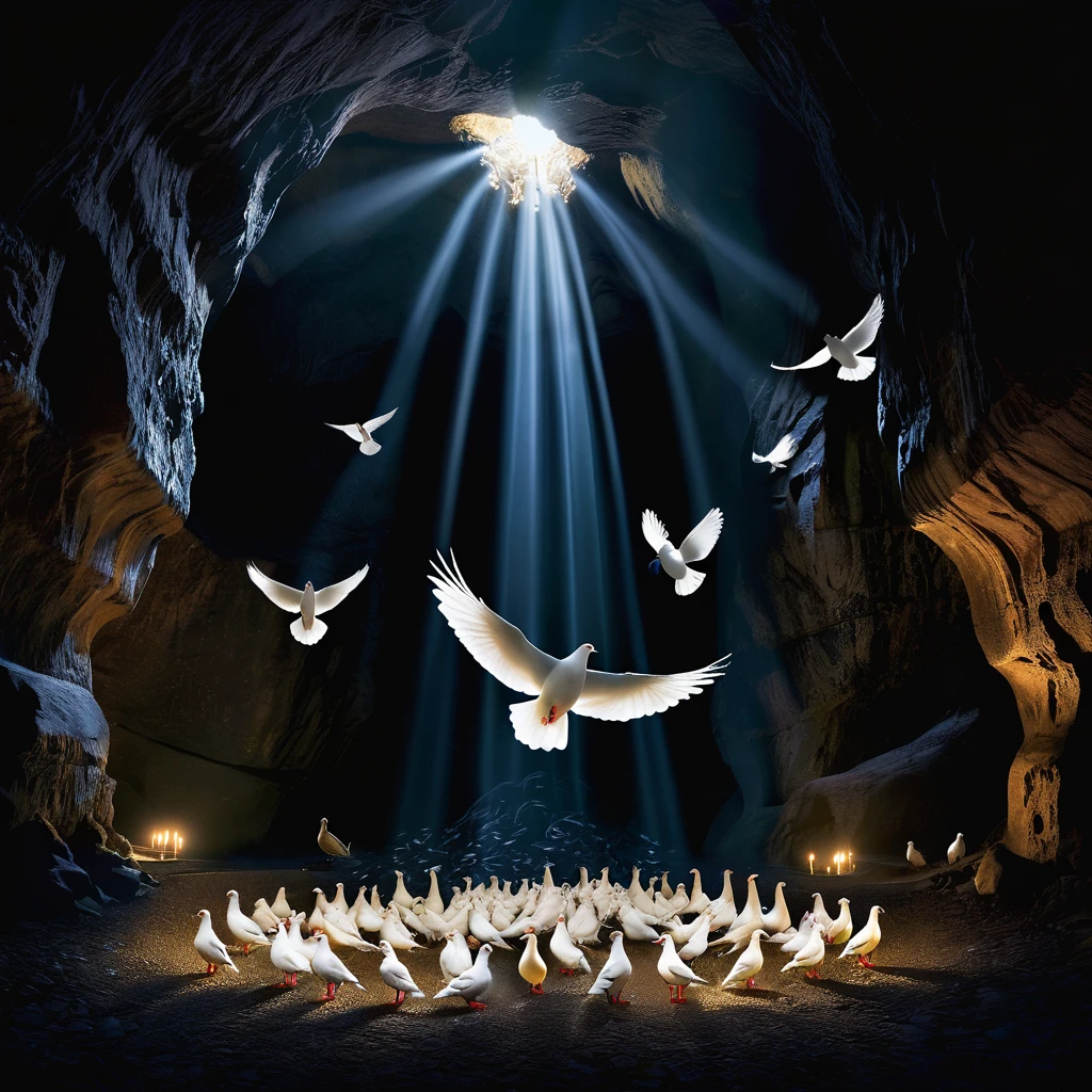 "An ethereal scene featuring a dark cavern illuminated by a single beam of light shining from above. In the center of the light beam, a few white doves are gracefully flying upwards, symbolizing freedom and peace. At the base of the light, broken chains and shackles lie on the ground, suggesting liberation from captivity. The surrounding cave walls are rugged and dark, contrasting with the serene and hopeful ambiance created by the light and doves."