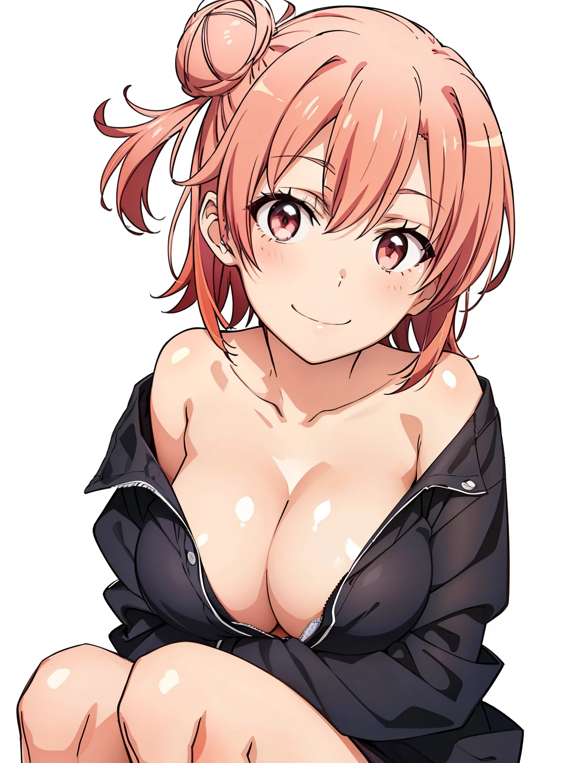 ((masutepiece, Best Quality, hight resolution, nffsw, Perfect Pixel, depth of fields, 4K, )), 1girl in, Solo, , Beautiful anime girl, Beautiful Art Style, close up, Looking at Viewer, Perfect body, side shot, Yuigahama Yui, Short hair, pink hair, pink eyes, hairbun, (large boob), cleavage, sitting, ribbon in hair, smile, hands on knees, blank white background