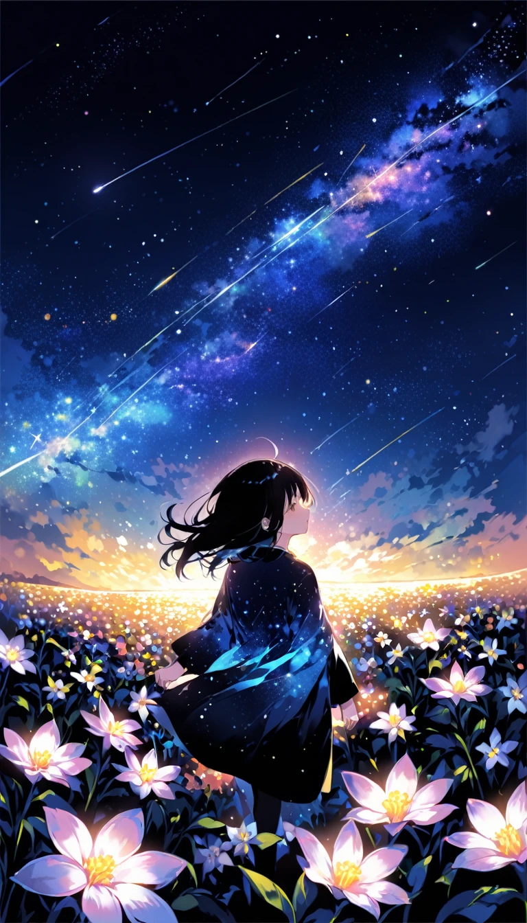 There is a girl 花畑To立つ looking up at the sky, a girl 花畑To立つ, Girl walking in a flower field, 私は夢のようなワンダーランドTo迷い込んだ, 花畑To立つ, Amazing digital painting, 空は次第To晴れてきた, The starry sky is gradually々To々move away from