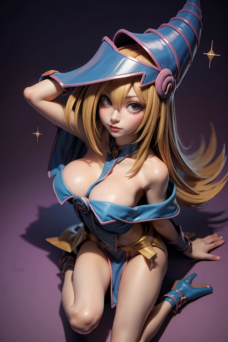 (Masterpiece:1.2), (The best quality:1.2), Perfect lighting, Dark Magician Girl casting a spell, floating in the air, big tits, neckline, magic background. Transparent hearts in the air, blue robe, big hat, From above, sparkles, Yugioh Card in the background. In heels and a bikini 