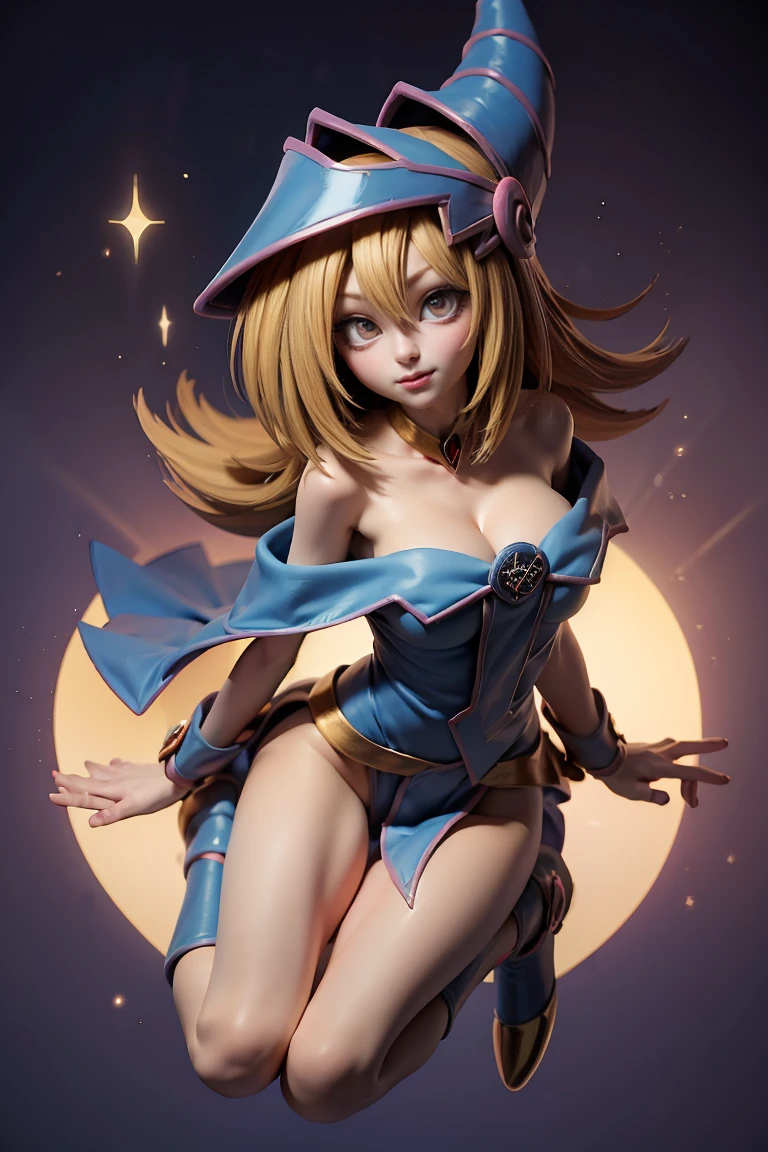 (Masterpiece:1.2), (The best quality:1.2), Perfect lighting, Dark Magician Girl casting a spell, floating in the air, big tits, neckline, magic background. Transparent hearts in the air, blue robe, big hat, From above, sparkles, Yugioh Card in the background. In heels and a bikini 