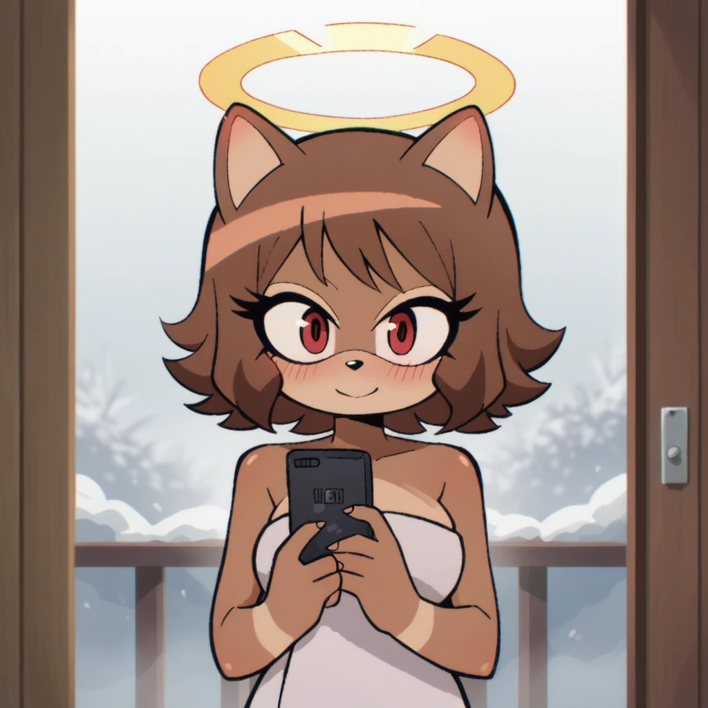 score_9, score_8_up, mobian, hedgehog, two-tone fur ((orange fur, brown fur)), wrapped in towel, medium breasts, two-tone hair (brown hair, black tip)), curly hair, halo, red eyes, longeyelashes, red eyes, smile, shy, blush, holding phone
