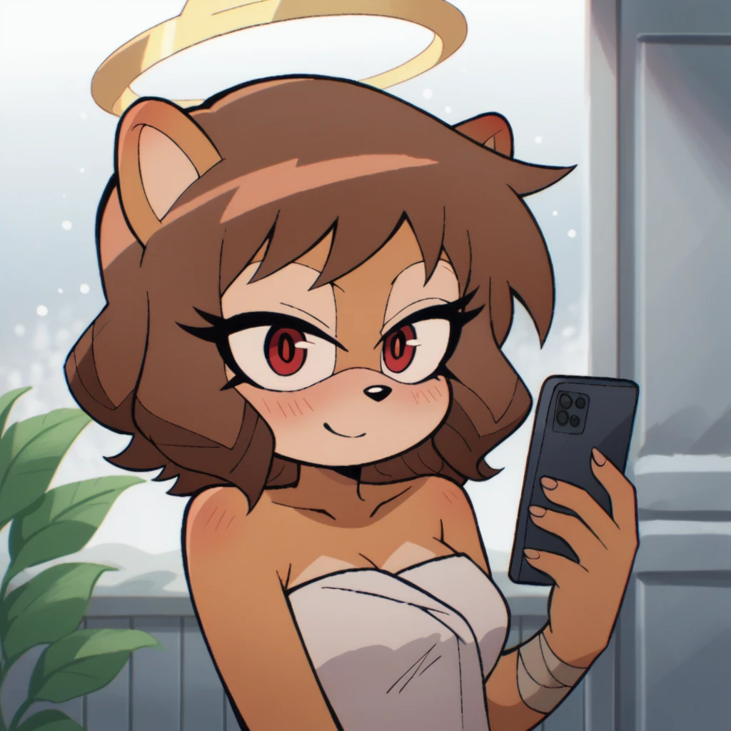 score_9, score_8_up, mobian, hedgehog, two-tone fur ((orange fur, brown fur)), wrapped in towel, medium breasts, two-tone hair (brown hair, black tip)), curly hair, halo, red eyes, longeyelashes, red eyes, smile, shy, blush, holding phone