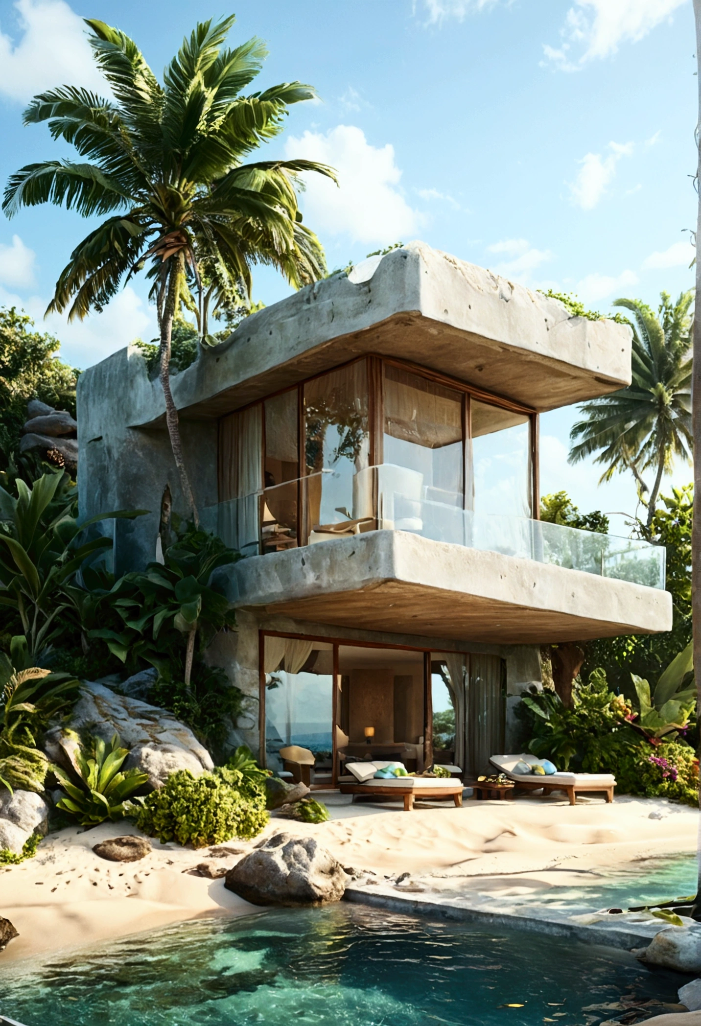 villa- tropical nature- seaside- sand- water